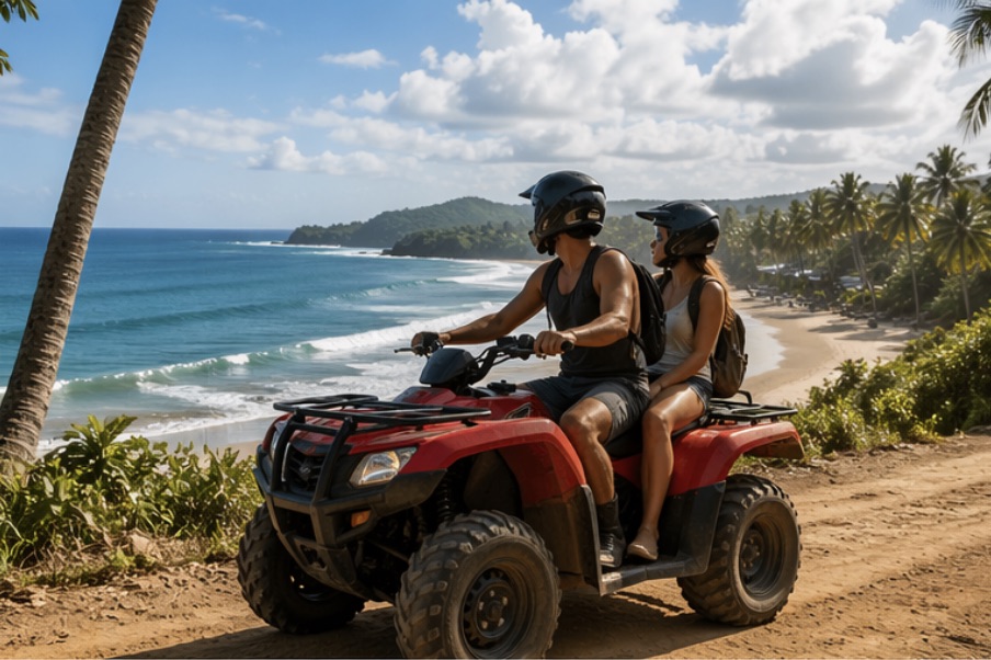 Couple on red ATV overlooking Santa Teresa coastline with palm trees, turquoise ocean, and white sand beach