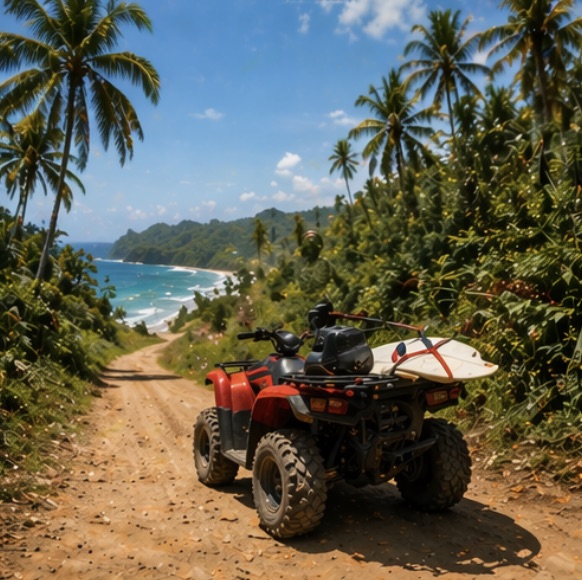 Rider on red Honda CRF dirt bike roosting through a jungle tunnel of palm trees with dramatic sunlight