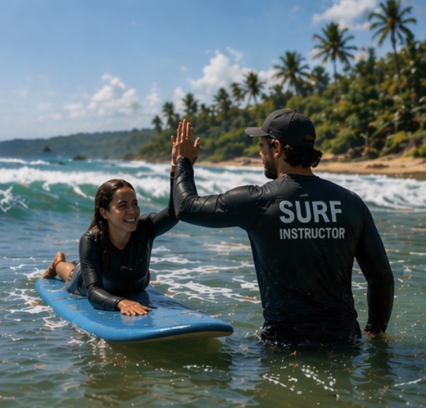 Surf instructor high-fiving a student in the ocean, student lying on a blue surfboard, instructor wearing a black shirt that says SURF INSTRUCTOR